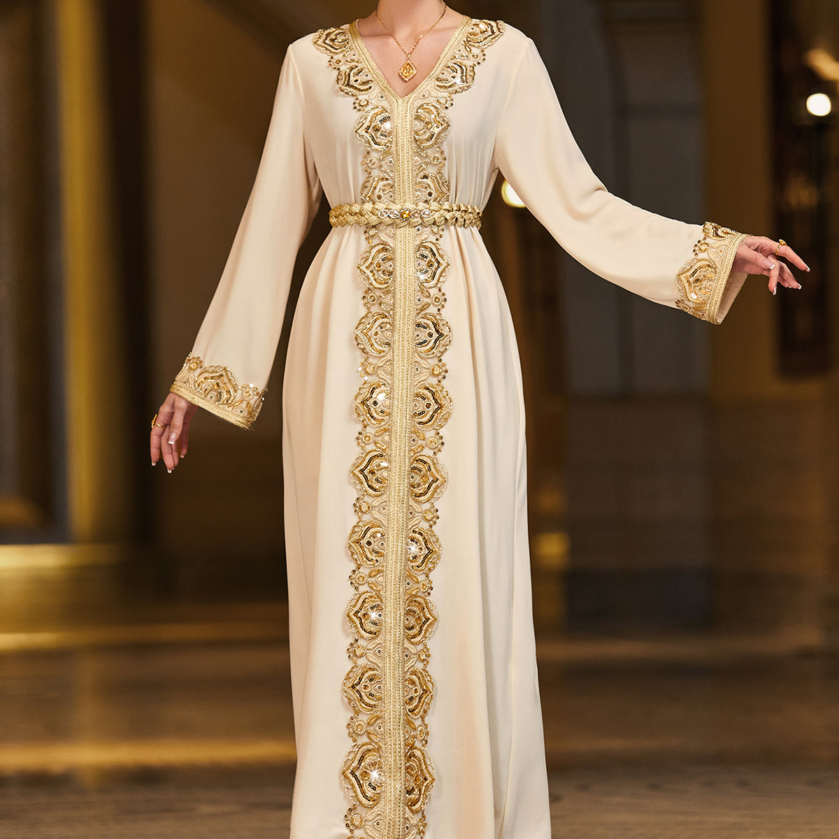 4093 Middle Eastern Style Beige Gold Embroidered Long Sleeve Belted Maxi Dress - Elegant Ornate Decorated Gown