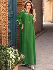 5205 Luxury Emerald Abaya | Hand-Beaded Neckline & Crystal-Trimmed Bell Sleeves
