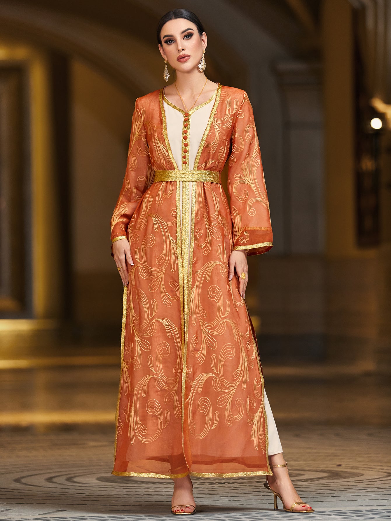 4103 Middle Eastern Style Orange Gold-Trimmed Printed Long Sleeve Belted Two-Piece Maxi Dress - Elegant Contrast Decorated Gown