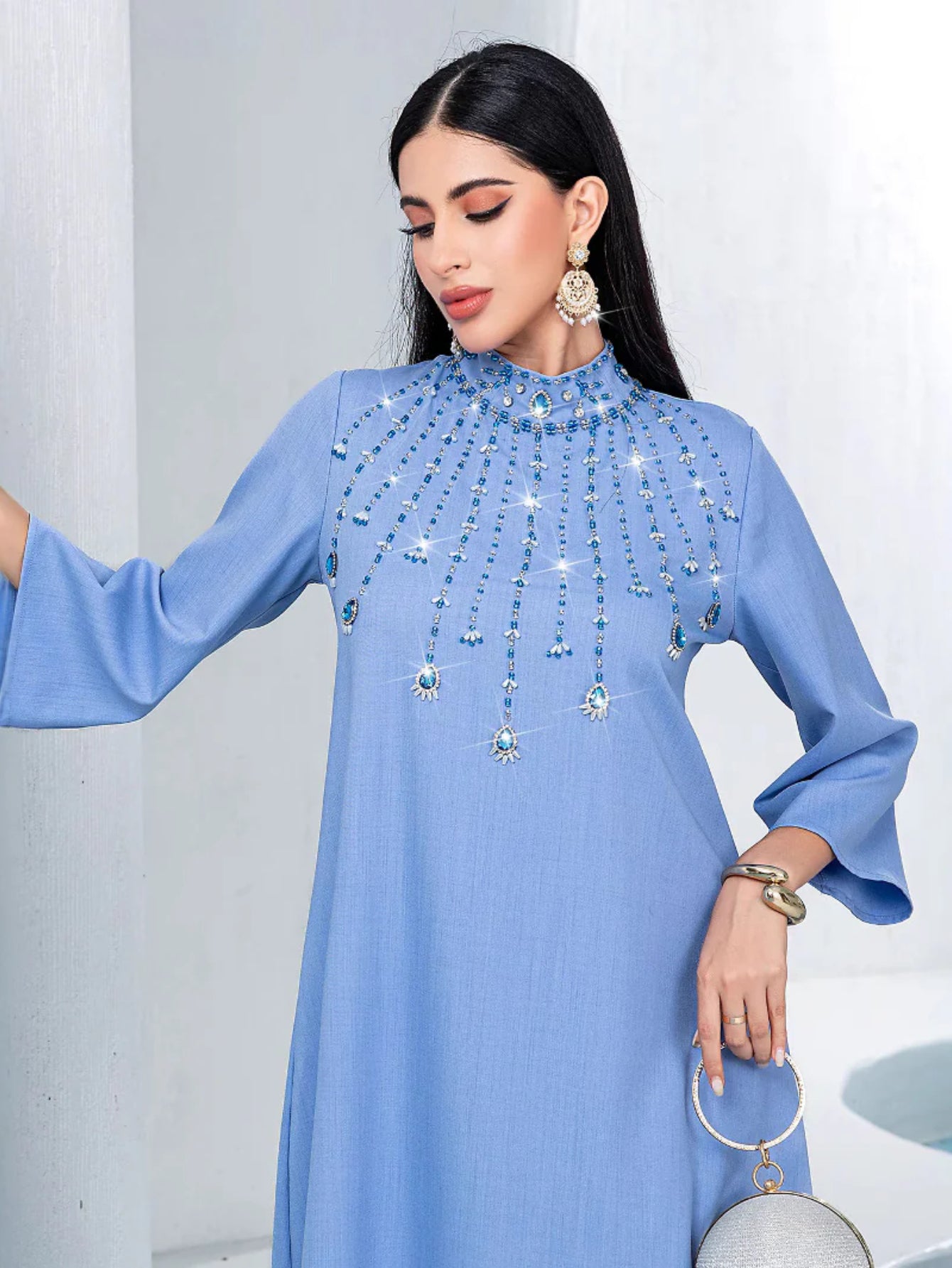 15135 blue semi-turtleneck hand-sewn glass drill large size dress A-shaped skirt Middle East party dress