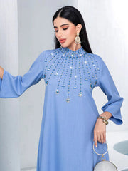 15135 blue semi-turtleneck hand-sewn glass drill large size dress A-shaped skirt Middle East party dress
