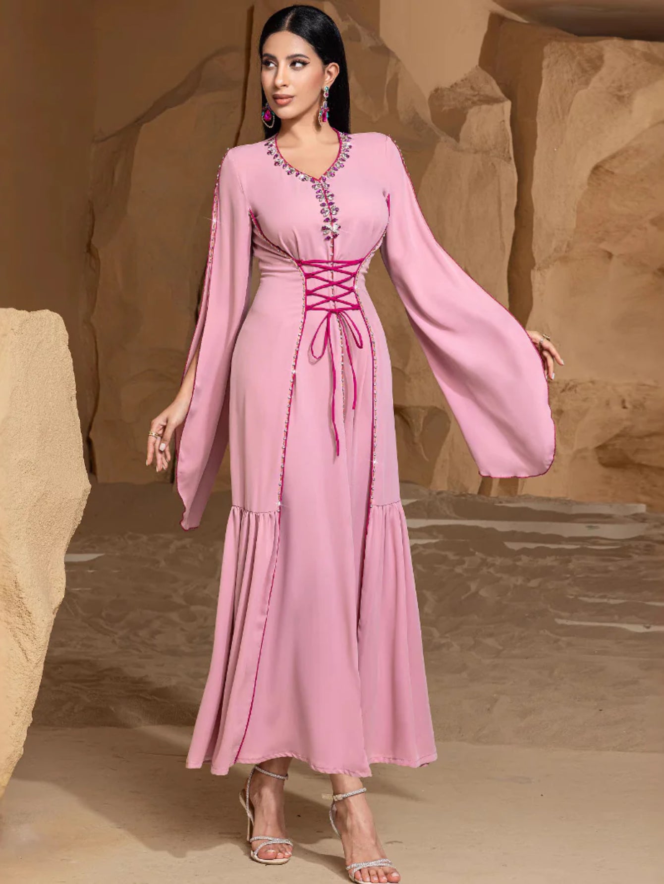 BA5039 Lace-Up Flared-Sleeve Dress