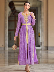 4031 Middle Eastern Style Purple Gold Embroidered Long Sleeve Maxi Dress - Elegant Belted Floral Pattern Gown