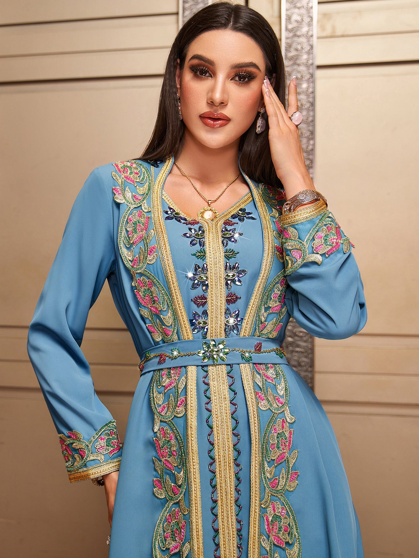 4007 Middle Eastern Style Embroidered Floral Blue Maxi Dress - Elegant Gold-Trimmed Long Sleeve Gown