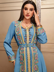 4007 Middle Eastern Style Embroidered Floral Blue Maxi Dress - Elegant Gold-Trimmed Long Sleeve Gown