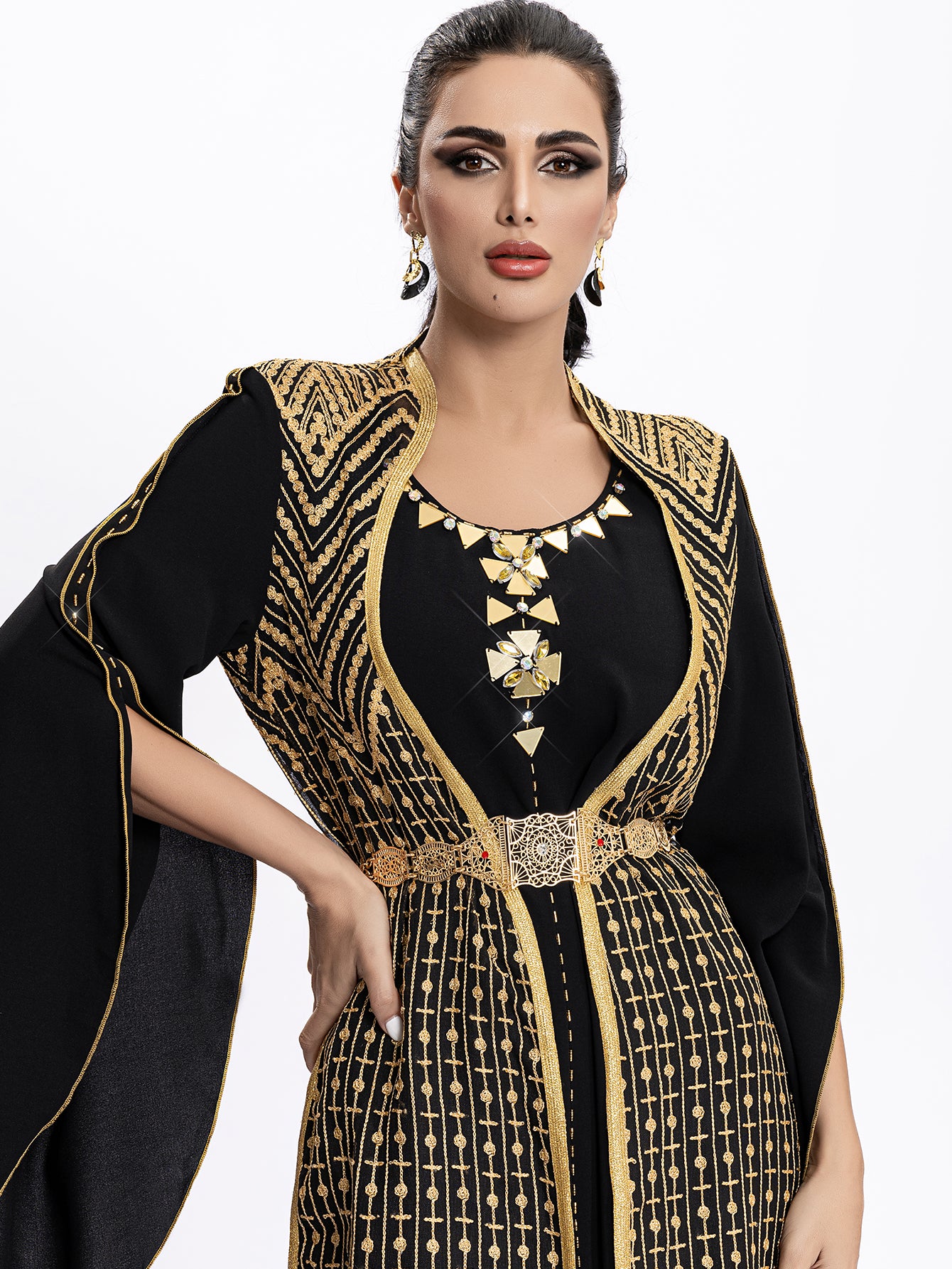 4036 Middle Eastern Style Black Gold Embroidered Pseudotwo-Piece Maxi Dress - Flared Sleeves Belted Elegant Gown