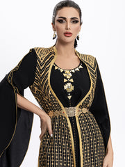 4036 Middle Eastern Style Black Gold Embroidered Pseudotwo-Piece Maxi Dress - Flared Sleeves Belted Elegant Gown
