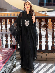 5212Black Arabic Abaya Dress | V-Neck Crystal Beaded Evening Gown with Pearl Embroidery & Bell Sleeves