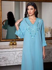 15136 A Must-Have for Detail Lovers! Dusty Blue Abaya Dress with Beaded Tassel Embellishments, Maximizing Delicate Appeal