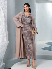 15169 Light Brown Abaya Set! Solid Outer Layer with Tie-Dye Inner Dress, Showcasing Sophisticated Minimalism