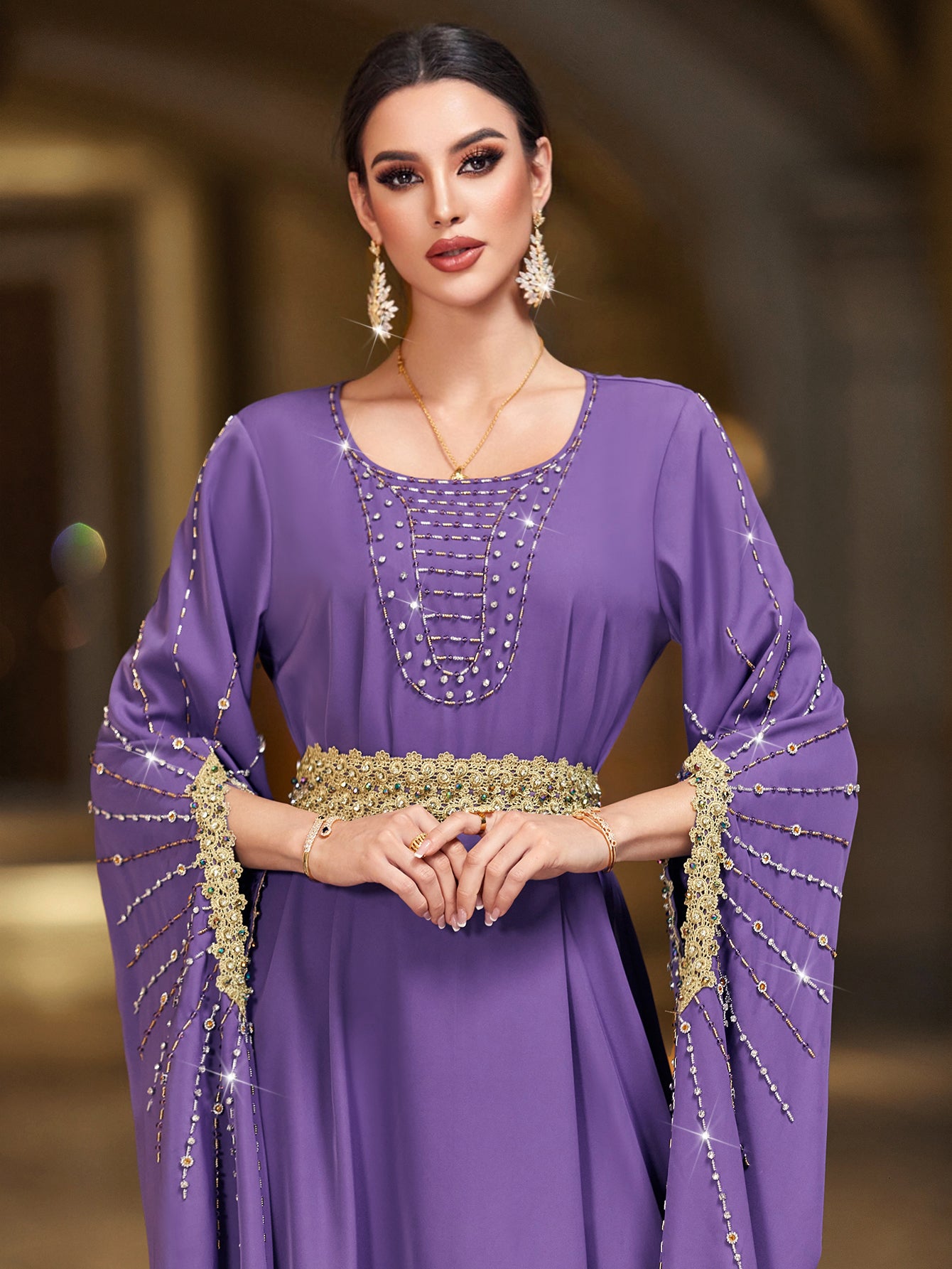 4006 Hand-Swen Bead Embellshments Rhinestone Long Abaya,  Elegant Modest Rmantic Glamorous Vacation Fantasy  Long Sleeve