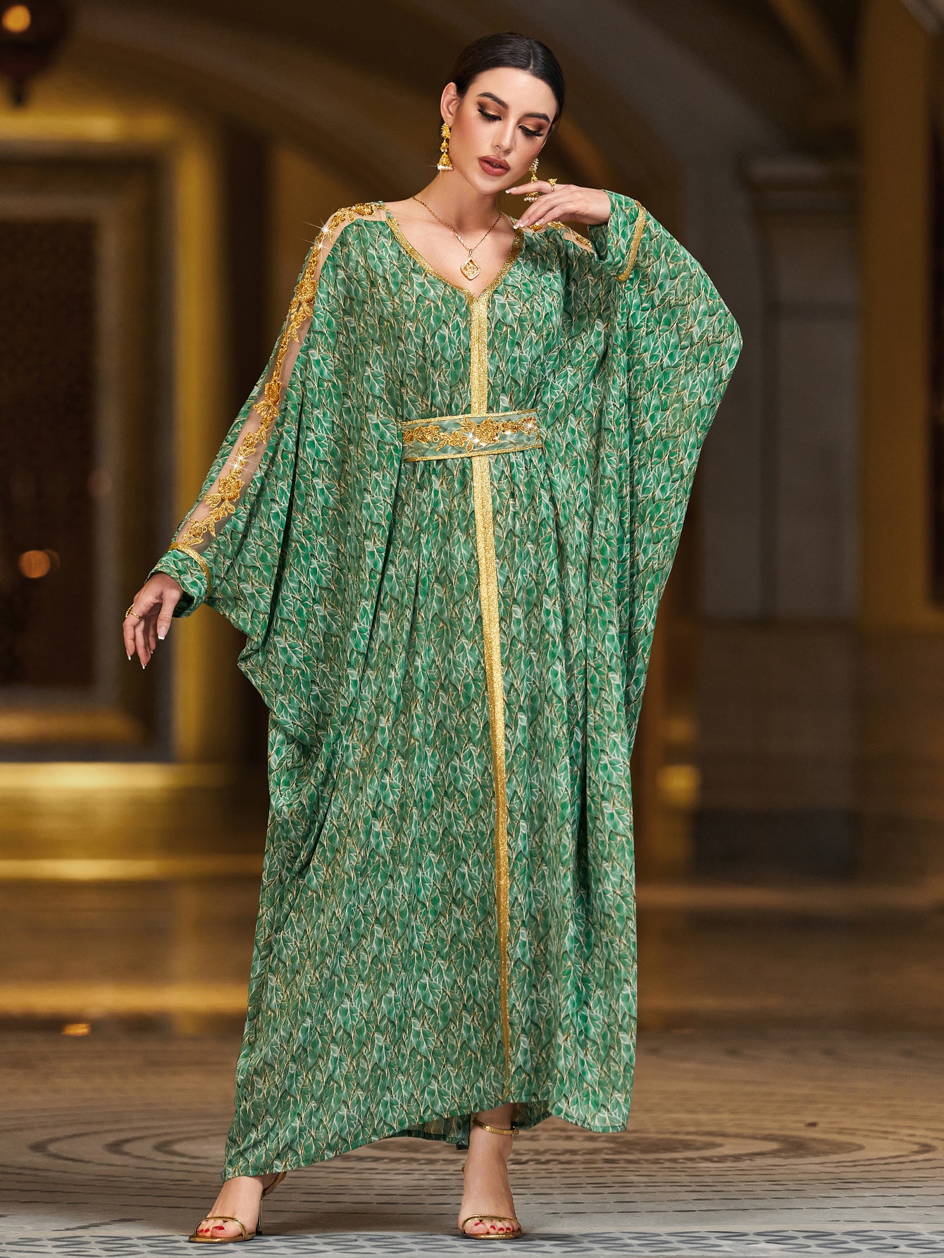 4134 Hand-Swen Bead Embellshments Rhinestone Long Abaya,  Elegant Rmantic Glamorous Vacation Fantasy Long Sleeve