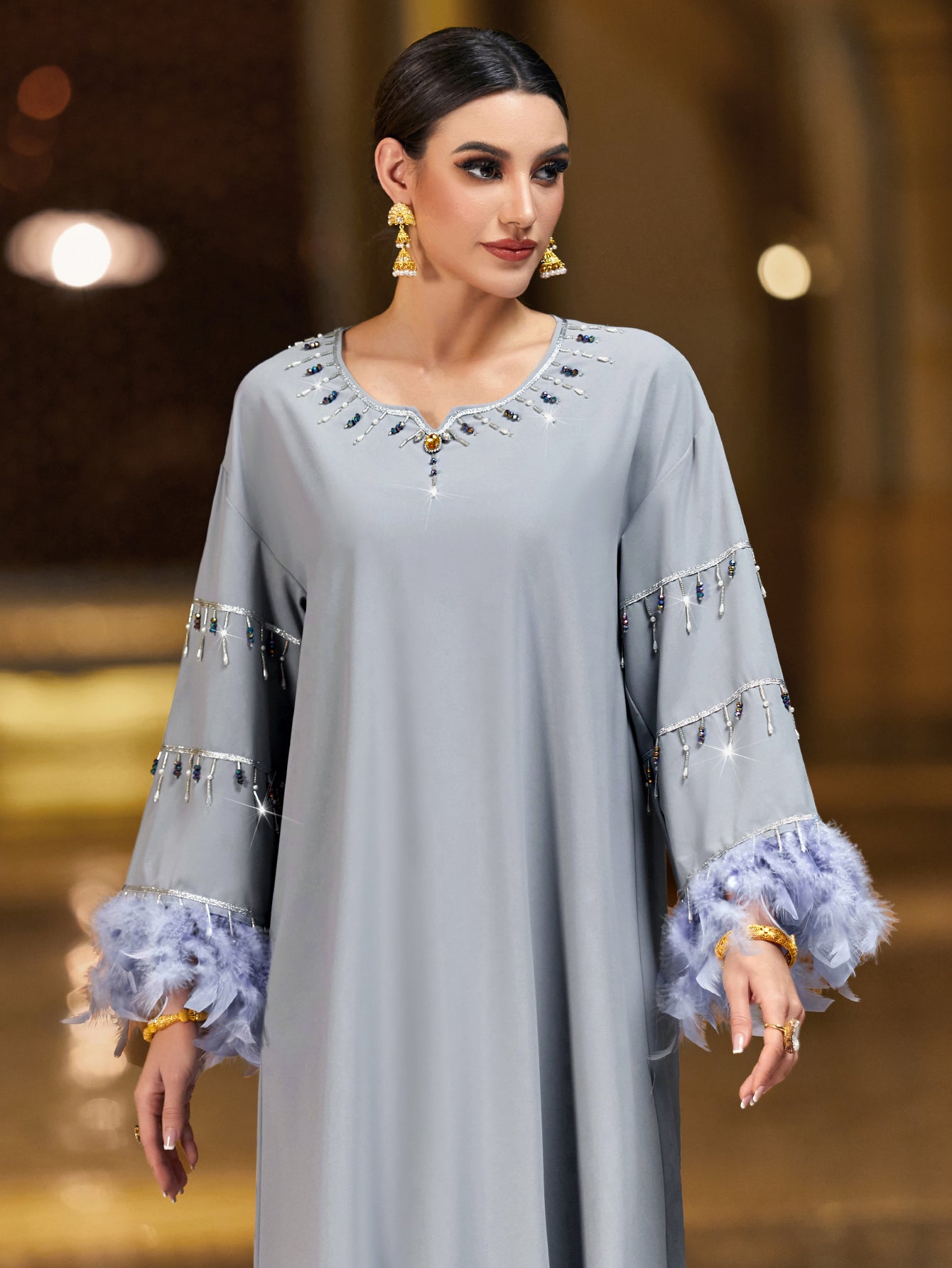 4005 Hand-Swen Bead Embellshments Rhinestone Long Abaya,  Elegant Modest Rmantic Glamorous Vacation Fantasy  Long Sleeve