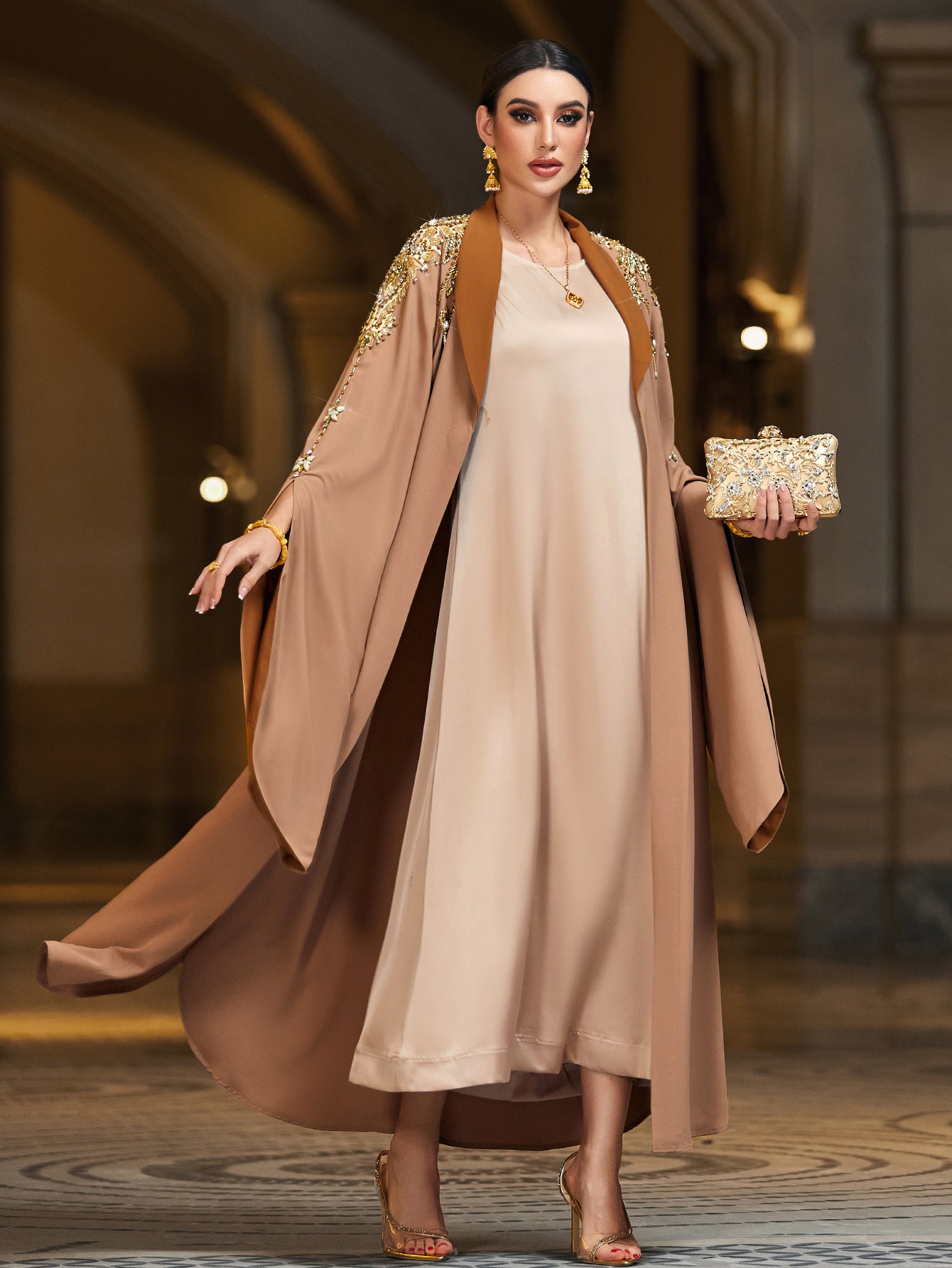 4149 Hand-Swen Bead Embellshments Rhinestone Long Abaya,  Elegant Rmantic Glamorous Vacation Fantasy Long Sleeve