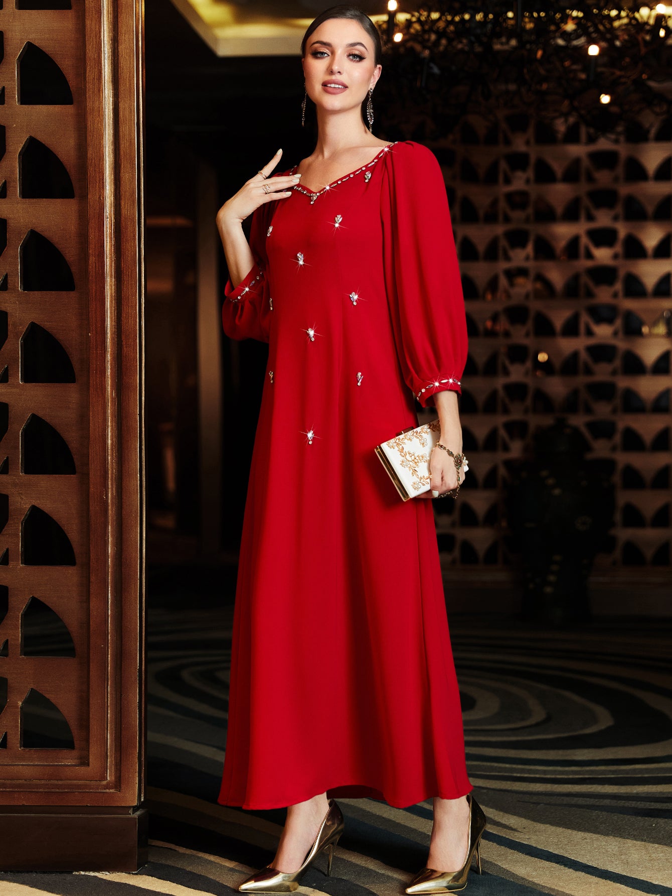BA3054 Red Rhinestone Lantern-Sleeve Dress