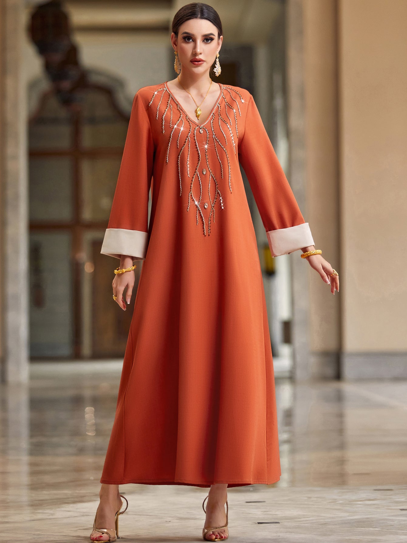 4055 Hand-Swen Bead Embellshments Rhinestone Long Abaya,  Elegant Modest Rmantic Glamorous Vacation Fantasy  Long Sleeve