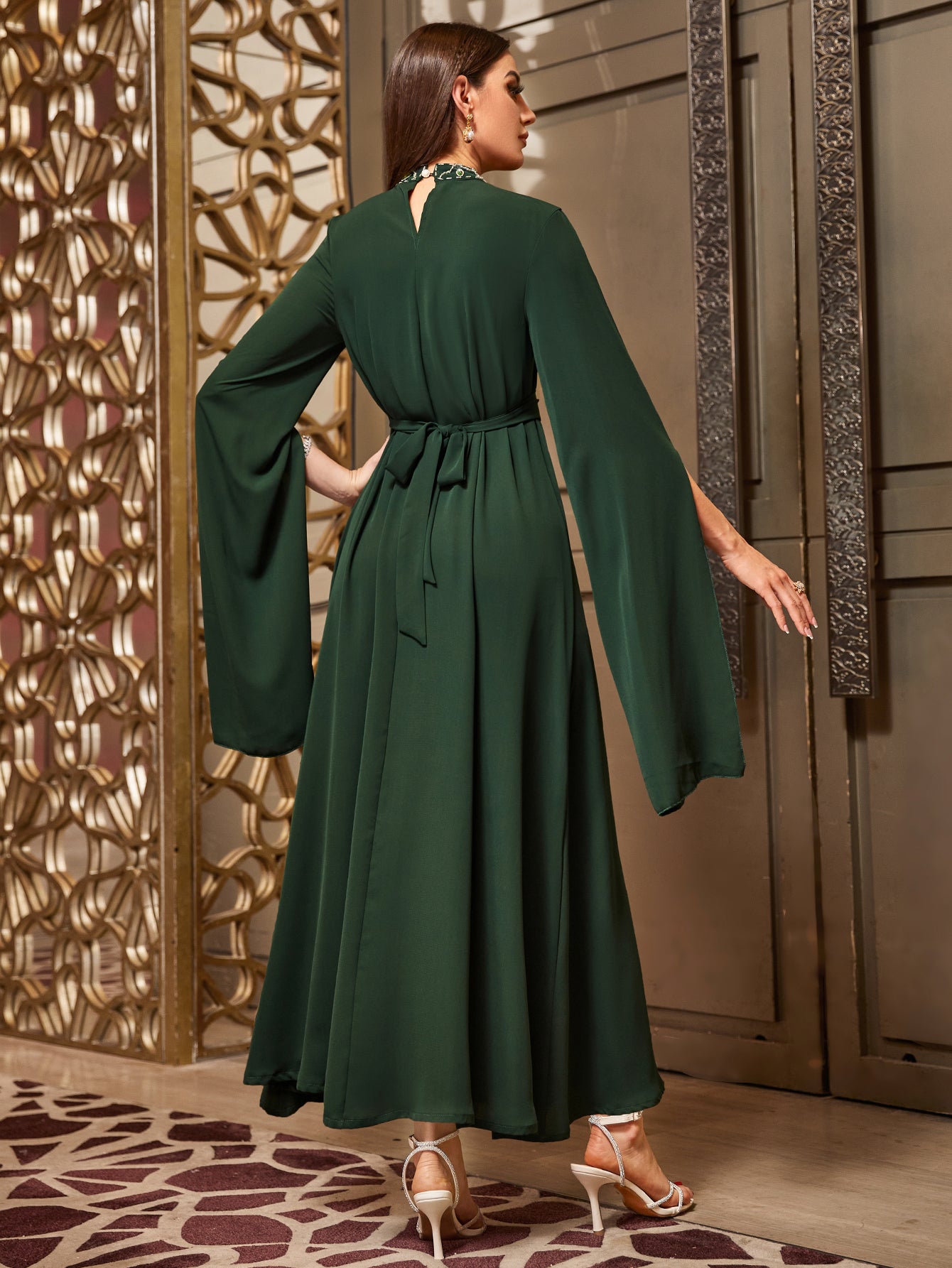 4035 Hand-Swen Bead Embellshments Rhinestone Long Abaya,  Elegant Modest Rmantic Glamorous Vacation Fantasy  Long Sleeve