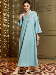 Light Blue Beaded Long-Sleeve Maxi Dress