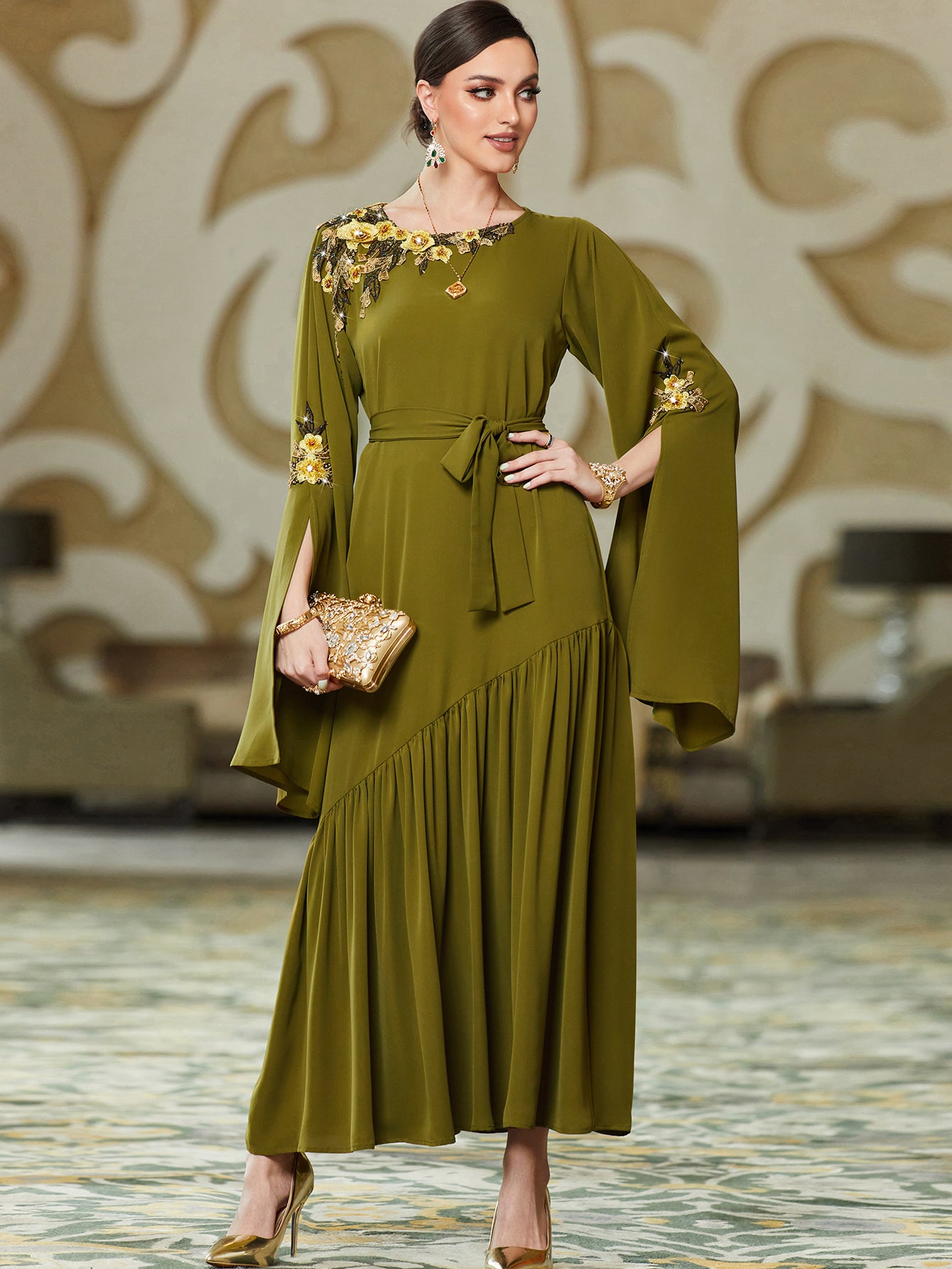 BA3048 Army Green Embroidered Long-Sleeve Dress