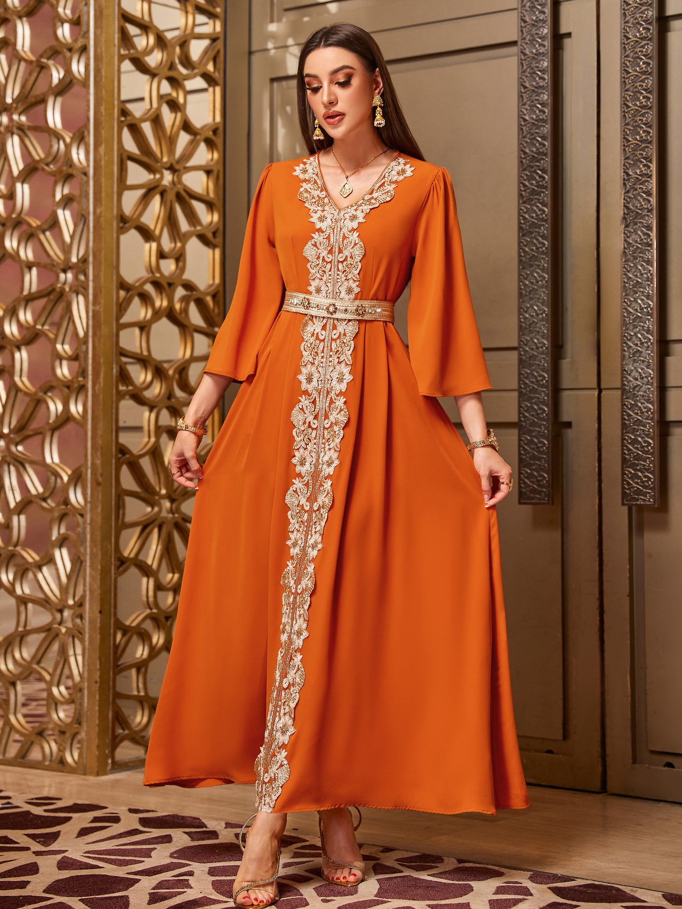 4070 Hand-Swen Bead Embellshments Rhinestone Long Abaya,  Elegant Rmantic Glamorous Vacation Fantasy Short Sleeve