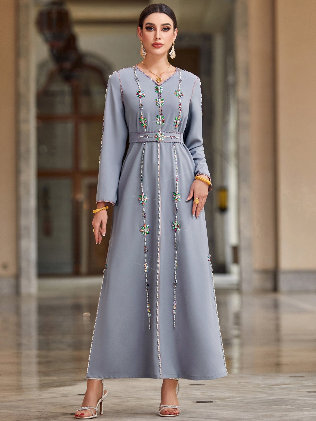 4039 Hand-Swen Bead Embellshments Rhinestone Long Abaya,  Elegant Rmantic Glamorous Vacation Fantasy Long Sleeve