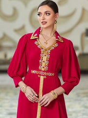 Red Rhinestone-Collar Maxi Dress
