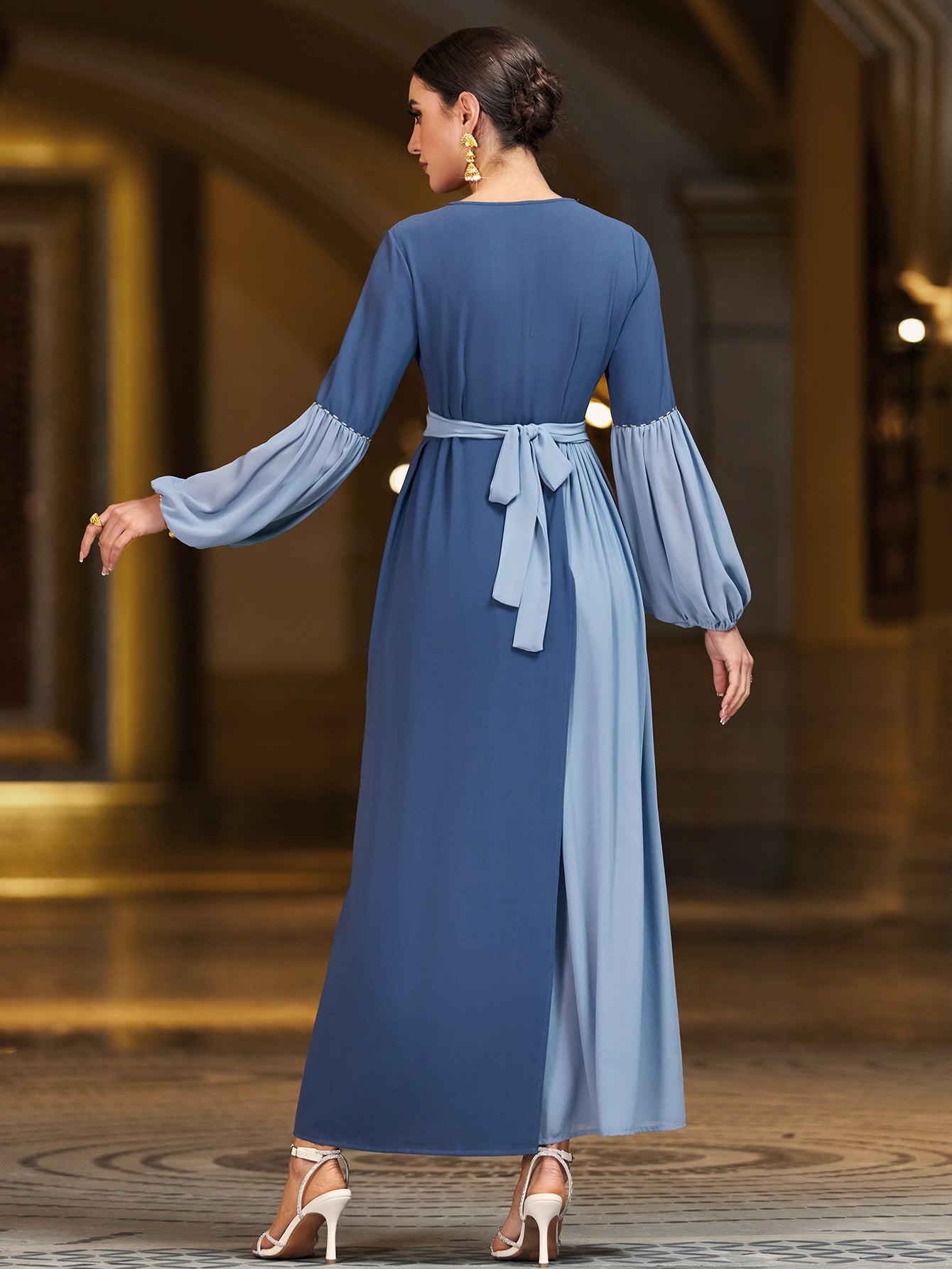 4058 Hand-Swen Bead Embellshments Rhinestone Long Abaya,  Elegant Modest Rmantic Glamorous Vacation Fantasy  Long Sleeve
