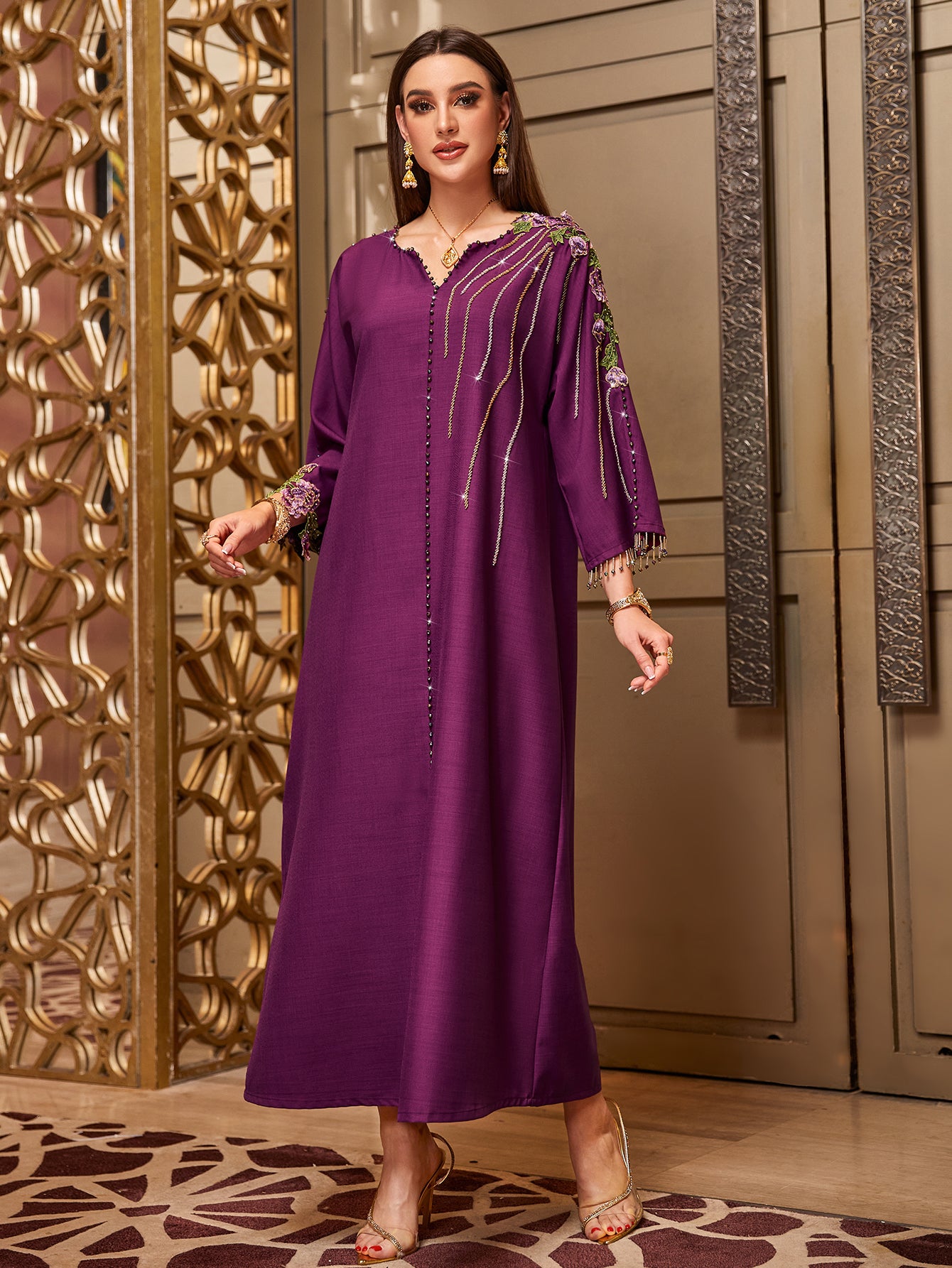 4010 Hand-Swen Bead Embellshments Rhinestone Long Abaya,  Elegant Rmantic Glamorous Vacation Fantasy Long Sleeve