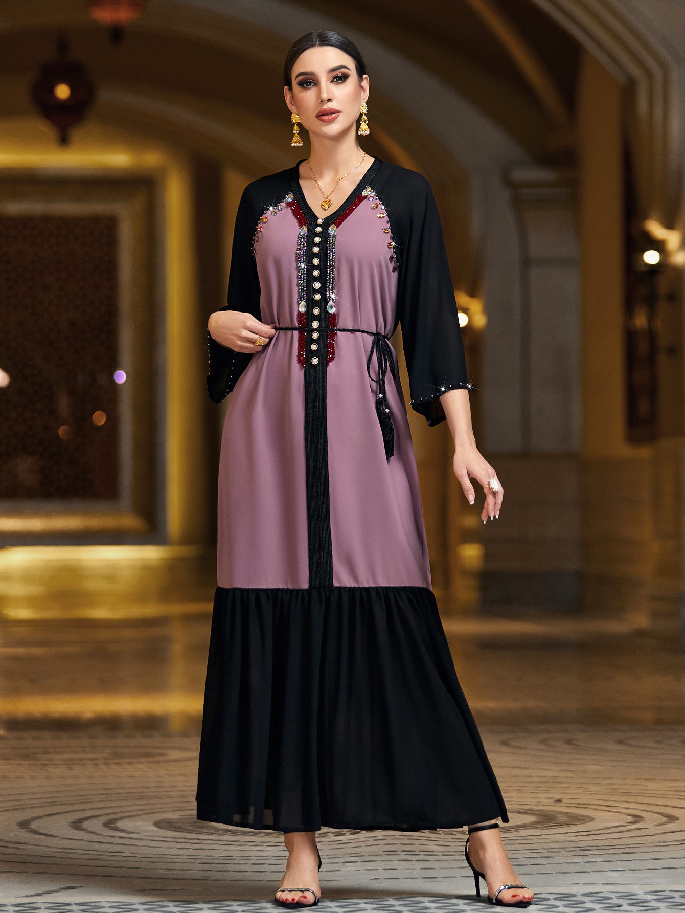 4142 Hand-Swen Bead Embellshments Rhinestone Long Abaya,  Elegant Rmantic Glamorous Vacation Fantasy Short Sleeve