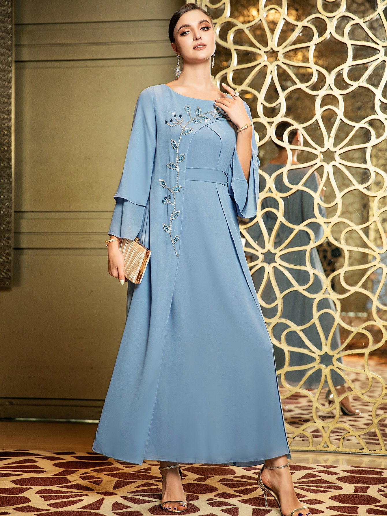 BA3047 Blue Rhinestone Asymmetric Layered Dress