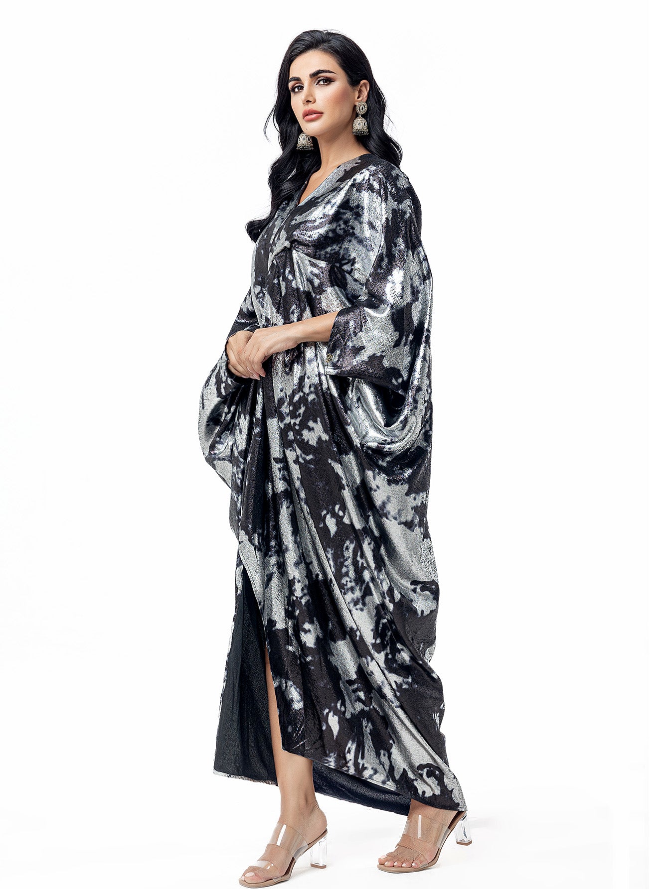 15095 Luxurious Black-Silver Abaya Gown! Shiny Tie-Dye Fabric & Loose Fit, Exuding Grand Aura
