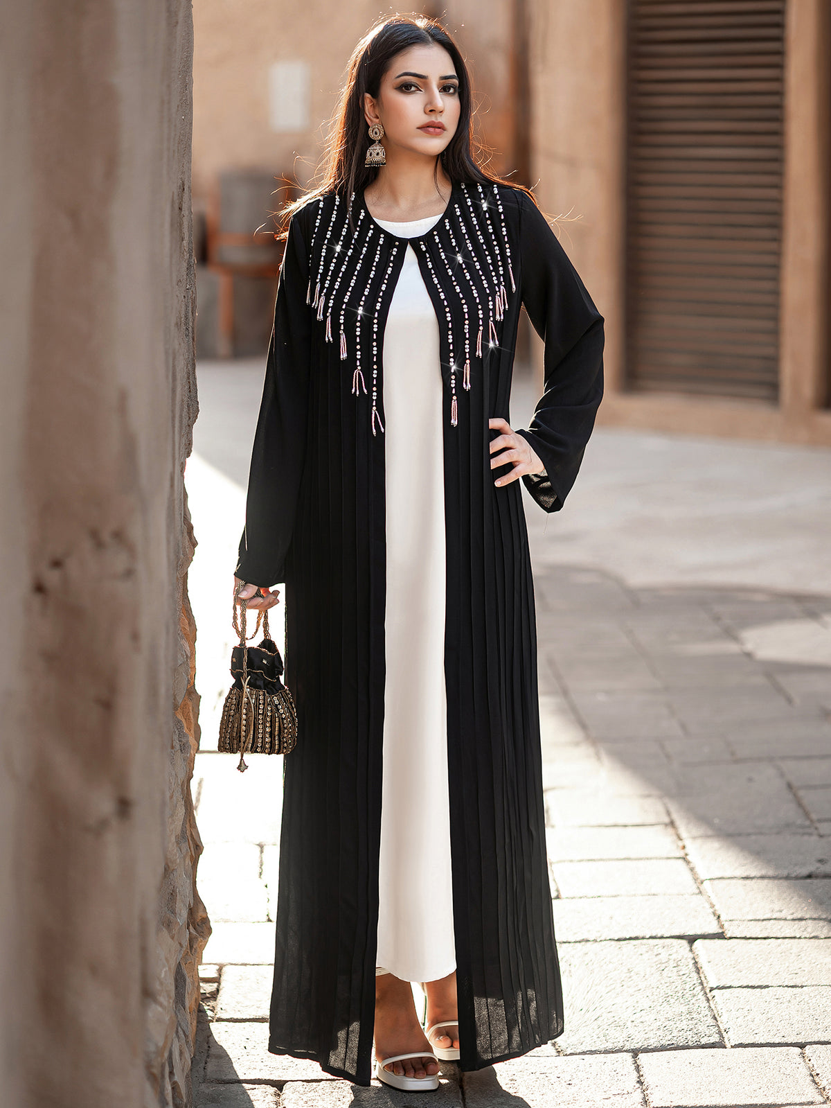 4083 Hand-Swen Bead Embellshments Rhinestone Long Abaya,  Elegant Rmantic Glamorous Vacation Fantasy Long Sleeve