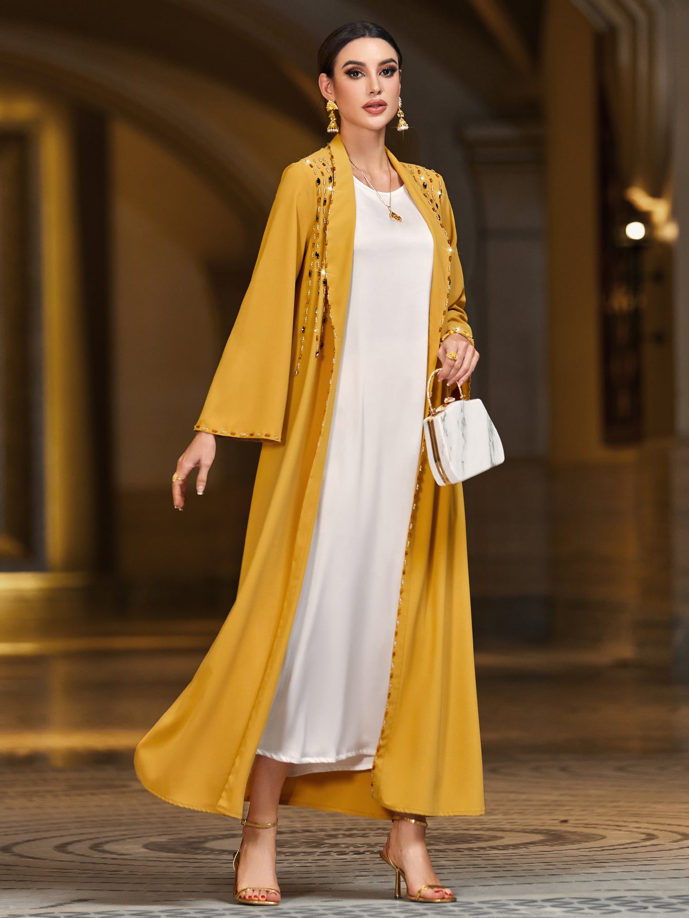 4016 Hand-Swen Bead Embellshments Rhinestone Long Abaya,  Elegant Rmantic Glamorous Vacation Fantasy Long Sleeve