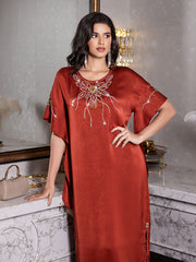 15140 Burgundy Silk Abaya Dress – Glittering Bead Embellishments & High Slit, Exude Luxurious Aura in Formal Events
