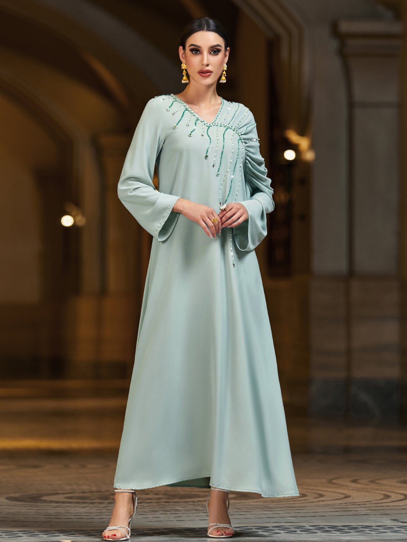 4046 Hand-Swen Bead Embellshments Rhinestone Long Abaya,  Elegant Modest Rmantic Glamorous Vacation Fantasy  Long Sleeve