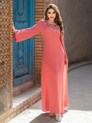15179 Glamorous Coral Red Abaya Dress – Tassel Beadwork & Waist-Tie Design, Perfect for Festive Events & Grand Occasions