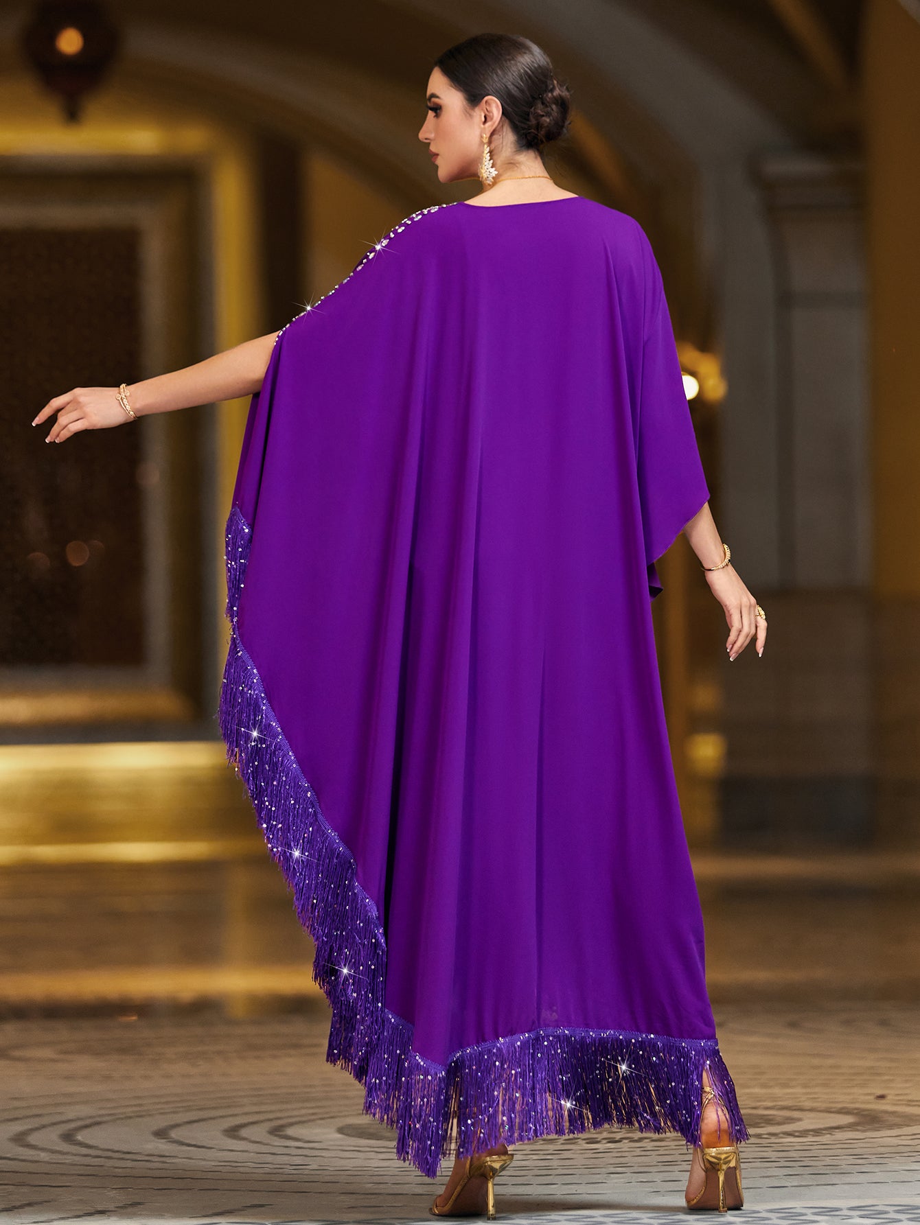 4144 Hand-Swen Bead Embellshments Rhinestone Long Abaya,  Elegant Rmantic Glamorous Vacation Fantasy Short Sleeve