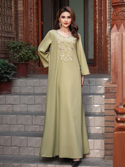 15214 Olive Green Beaded Abaya Dress | V-Neck Design with Delicate Bead Chains, Showcasing Gentle Elegance