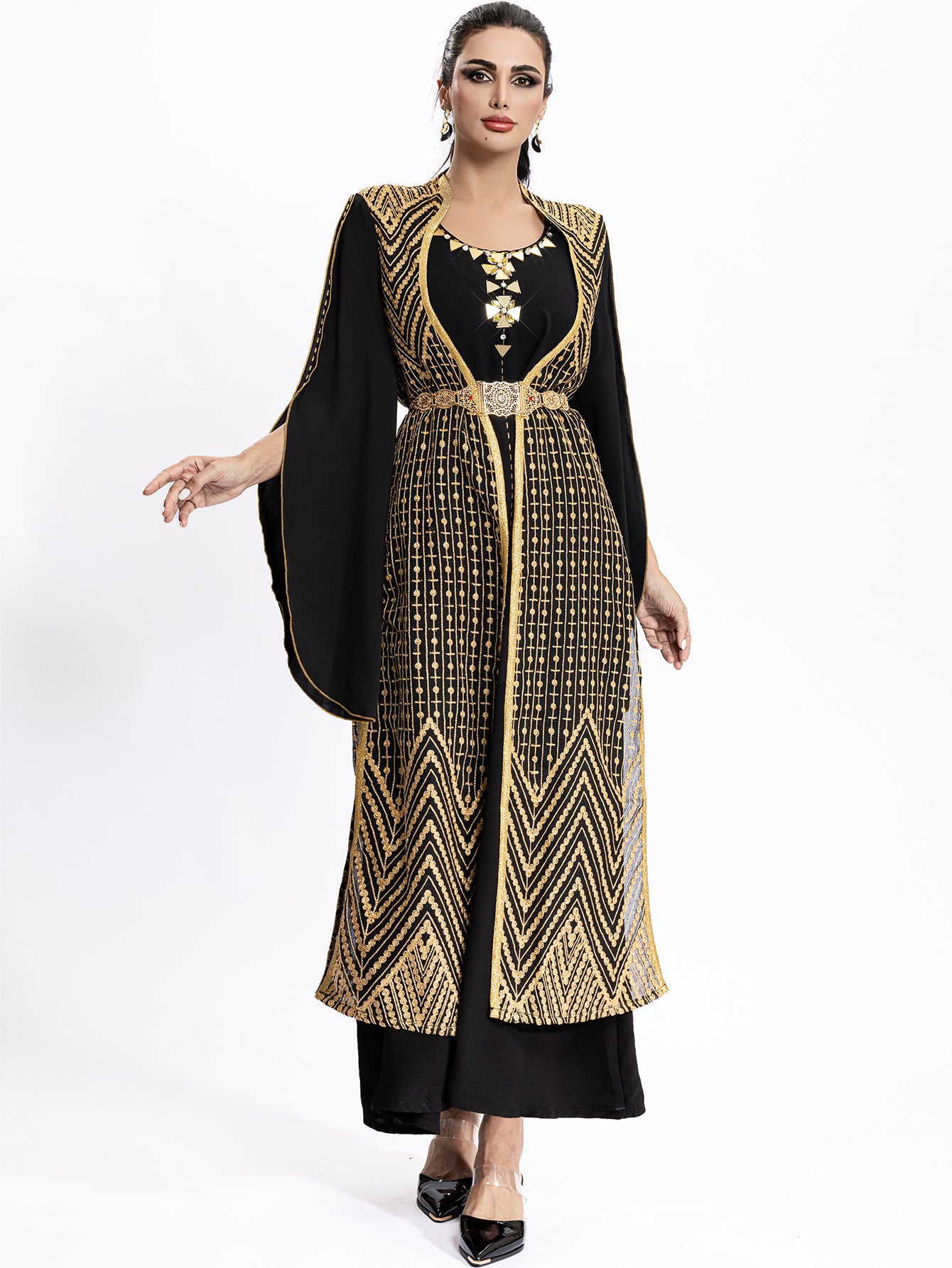4036 Middle Eastern Style Black Gold Embroidered Pseudotwo-Piece Maxi Dress - Flared Sleeves Belted Elegant Gown