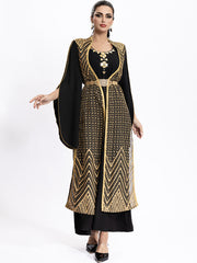 4036 Middle Eastern Style Black Gold Embroidered Pseudotwo-Piece Maxi Dress - Flared Sleeves Belted Elegant Gown