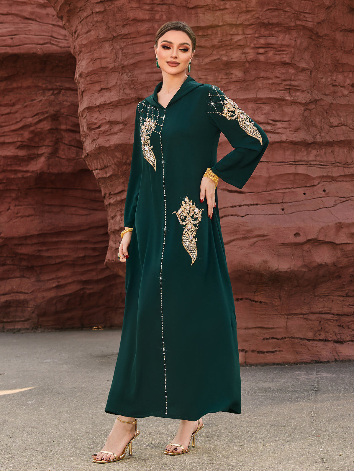 4061 Middle Eastern Style Dark Green Hooded Gold Embroidered Sequin Long Sleeve Maxi Dress - Elegant Sparkling Long Gown