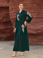 4061 Middle Eastern Style Dark Green Hooded Gold Embroidered Sequin Long Sleeve Maxi Dress - Elegant Sparkling Long Gown