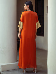 5060Arabic Abaya Dress | Orange Gold-Embroidered V-Neck Gown for Special Occasions