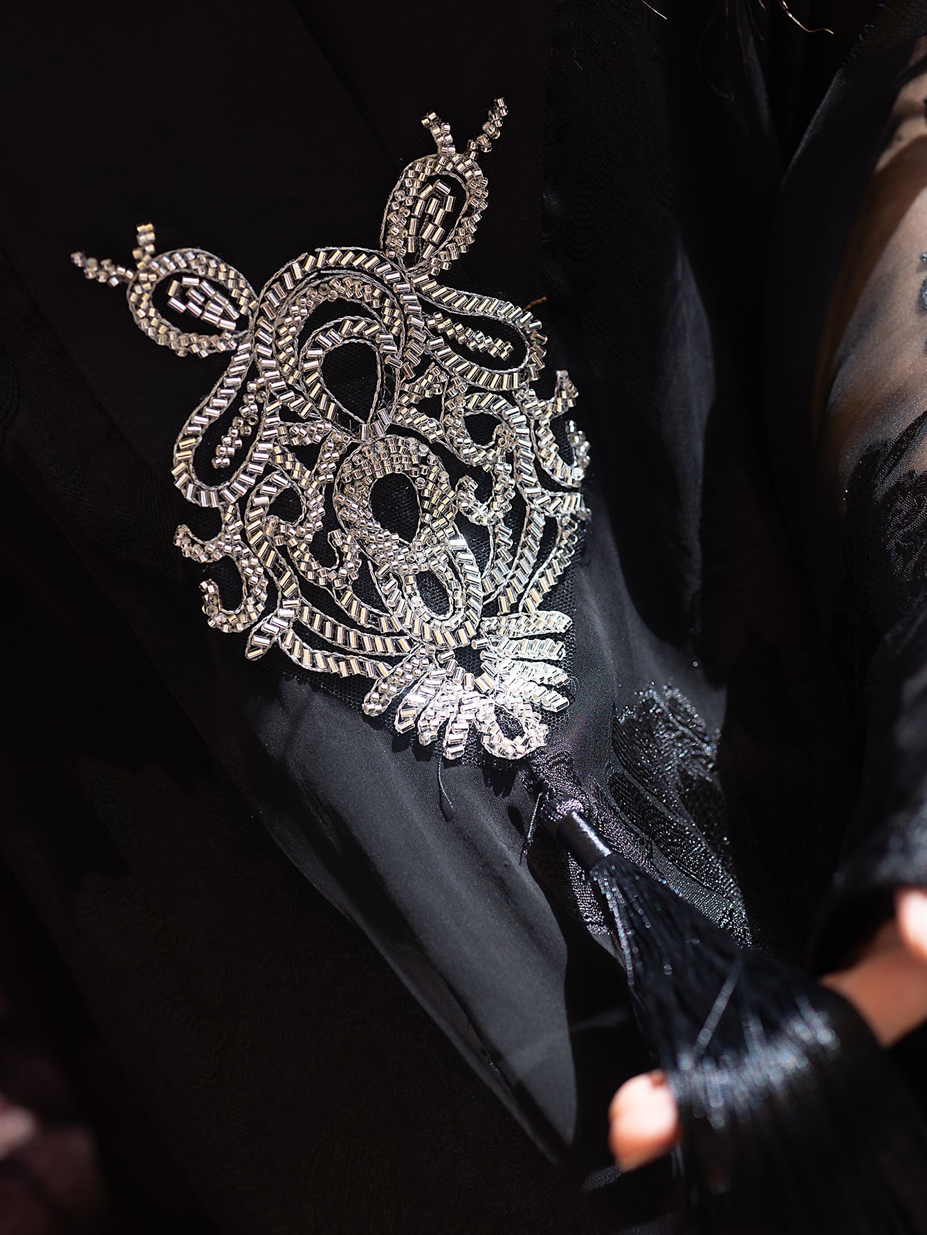5212Black Arabic Abaya Dress | V-Neck Crystal Beaded Evening Gown with Pearl Embroidery & Bell Sleeves