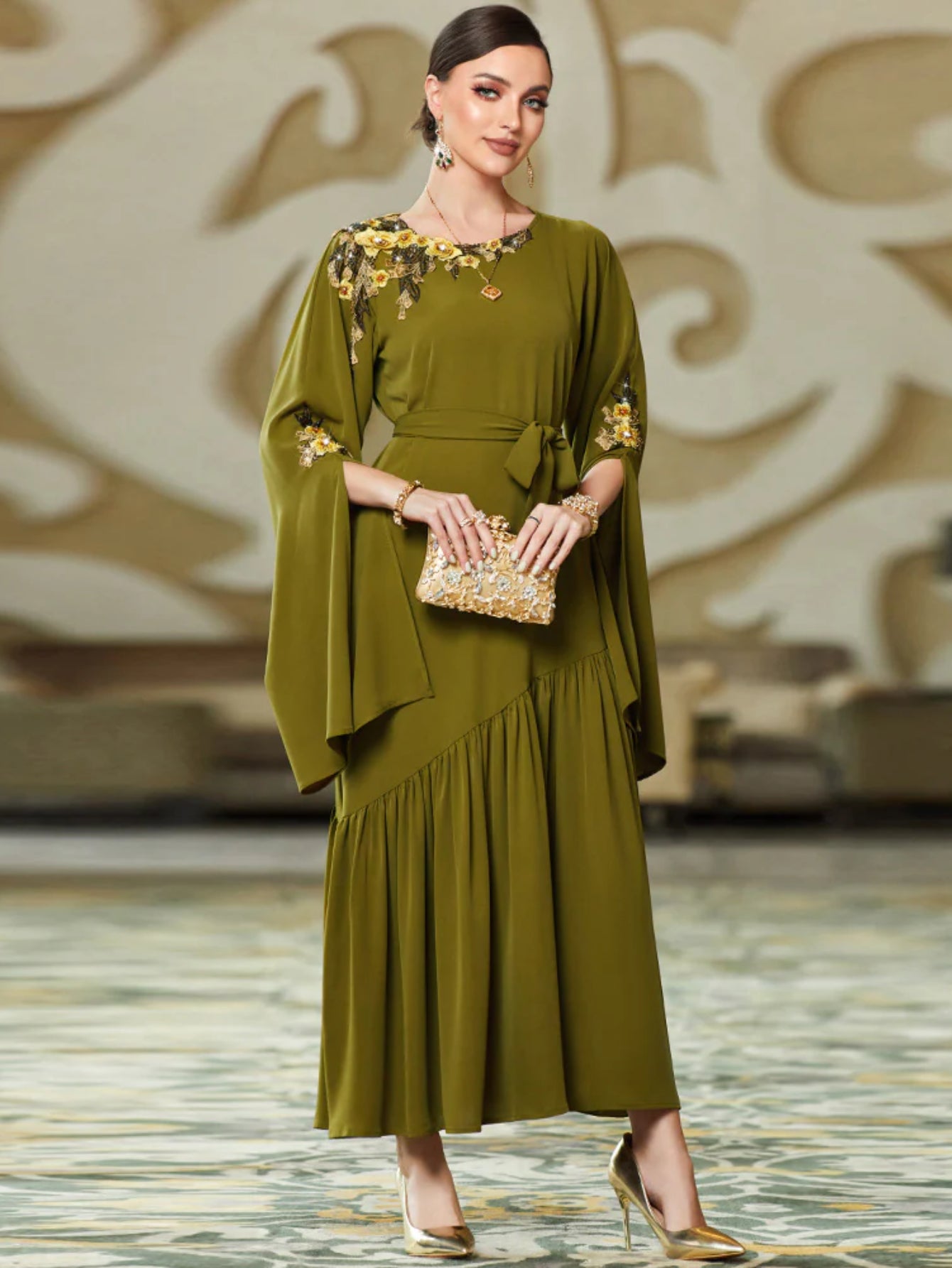 BA3048 New Army Green Middle East Super Long Sleeve Embroidered Decal Dress, Dubai Dress