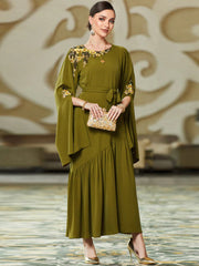 BA3048 New Army Green Middle East Super Long Sleeve Embroidered Decal Dress, Dubai Dress