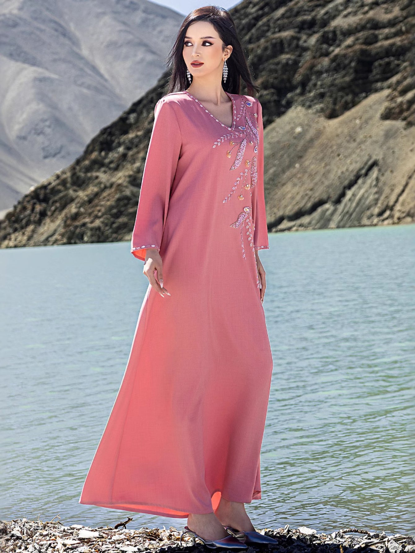 15226 Elegant hand-stitched diamond evening dress abaya long dress robe