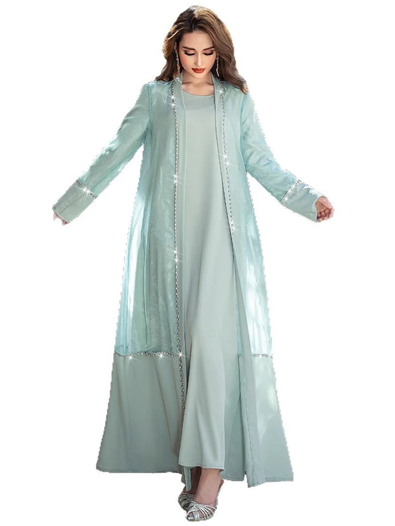 15188 Mint green organza two-piece cardigan dress in stock