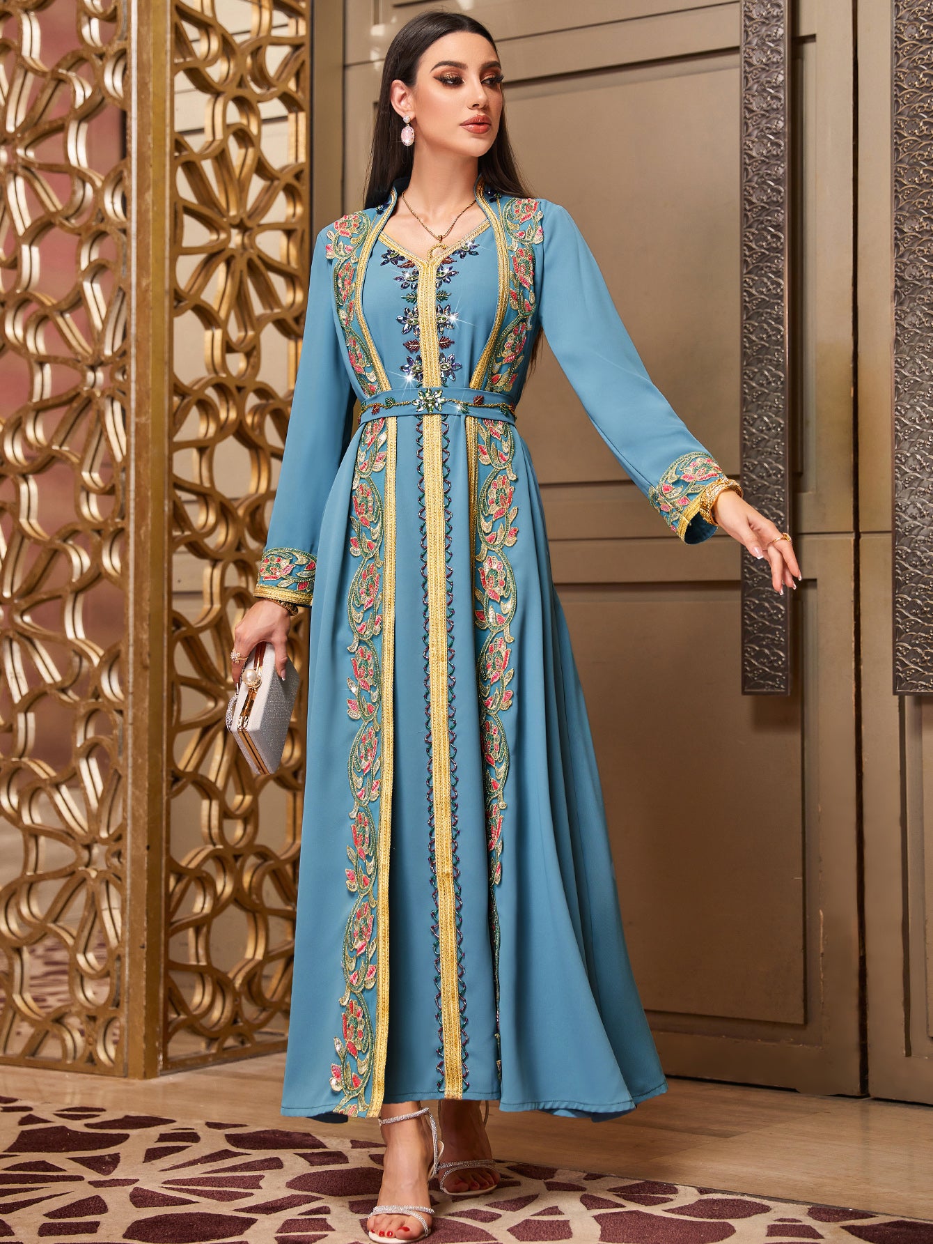 4007 Middle Eastern Style Embroidered Floral Blue Maxi Dress - Elegant Gold-Trimmed Long Sleeve Gown