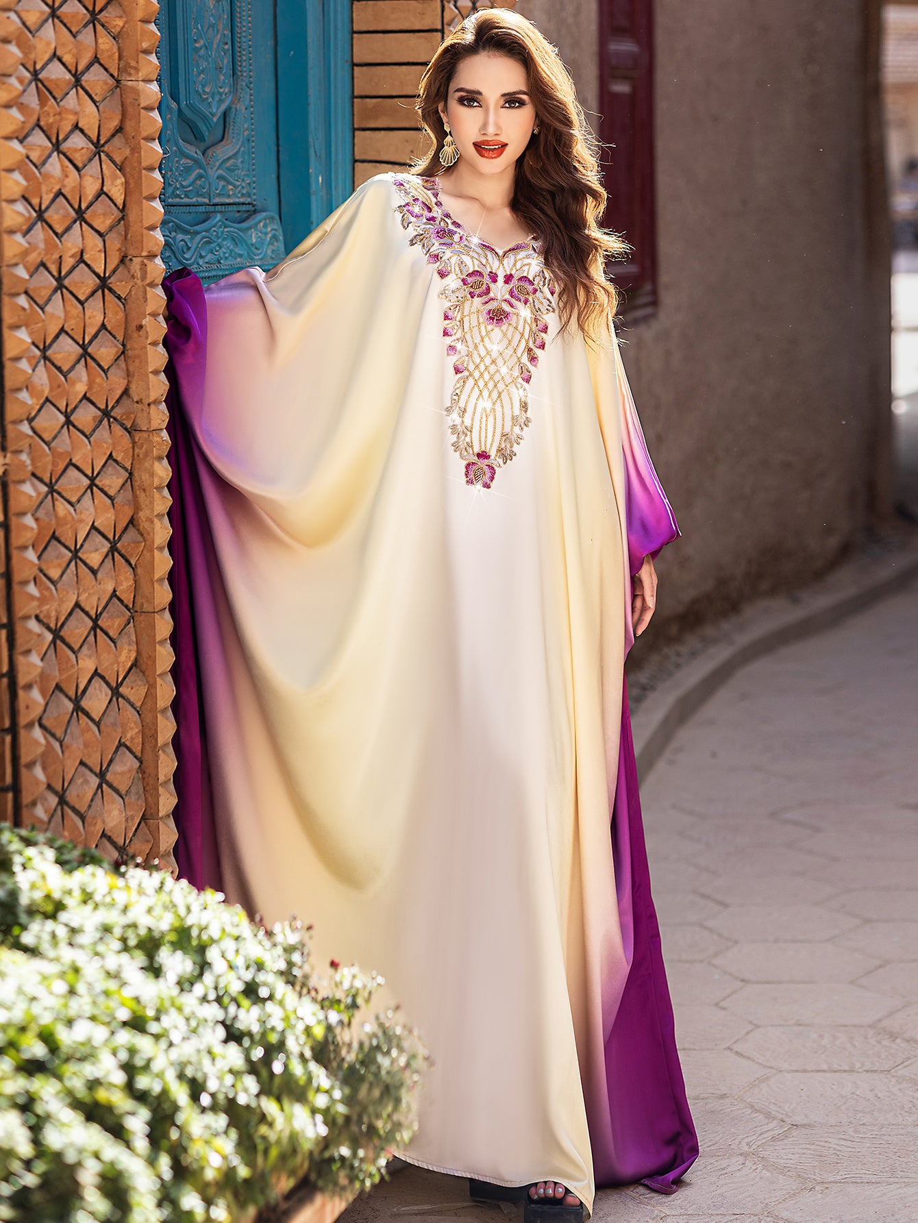 5208Arabic Ombre Abaya Dress | Gold Embroidery V-Neck Gown for Evening Events